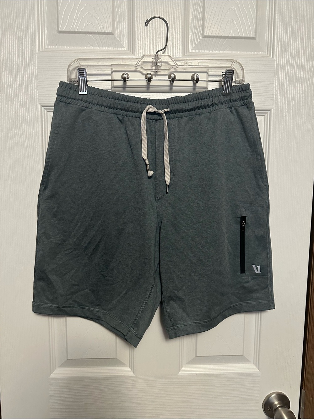 Vuori Men's Athletic Shorts in Slate Green with Cream Drawcord